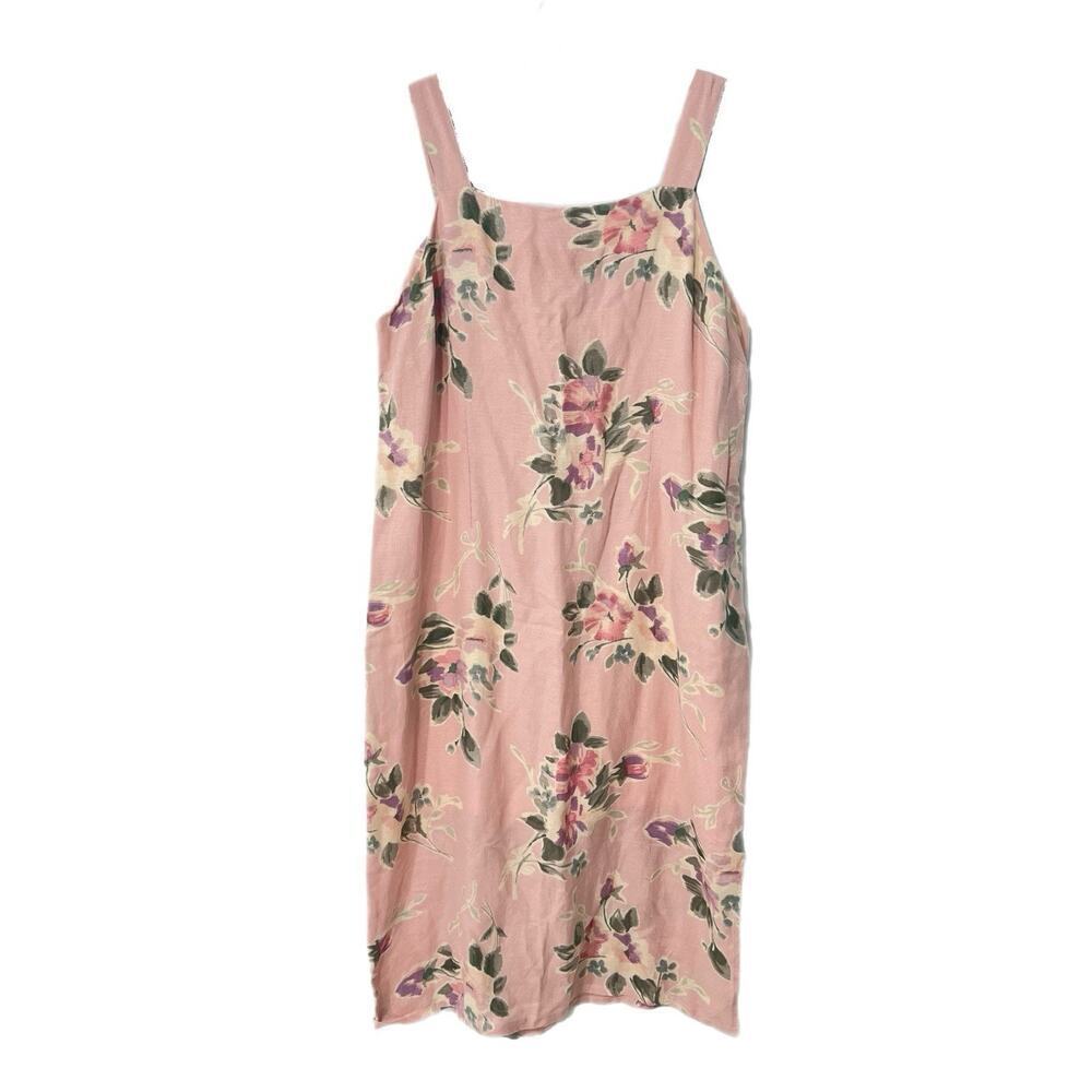 Vtg Sarah Elizabeth Womens Midi Dress Plus Size 20W Pink Floral Linen Blend